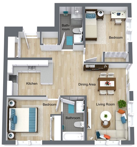 Floor plan for 2 beds, 2 baths, 857 sqft